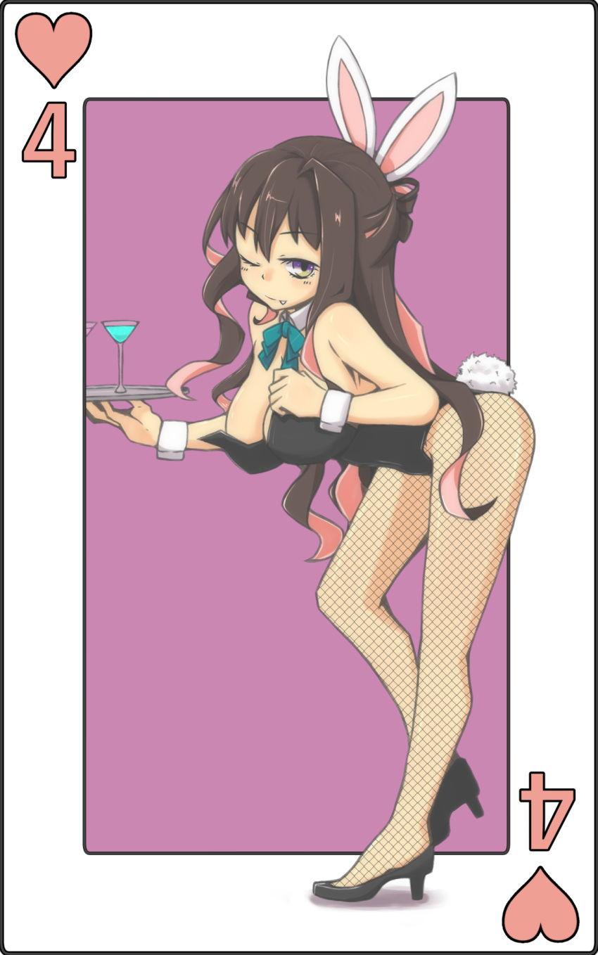 1girl, alternate_costume, animal_ears, blue_bow, bow, breasts, brown_hair, bunny_tail