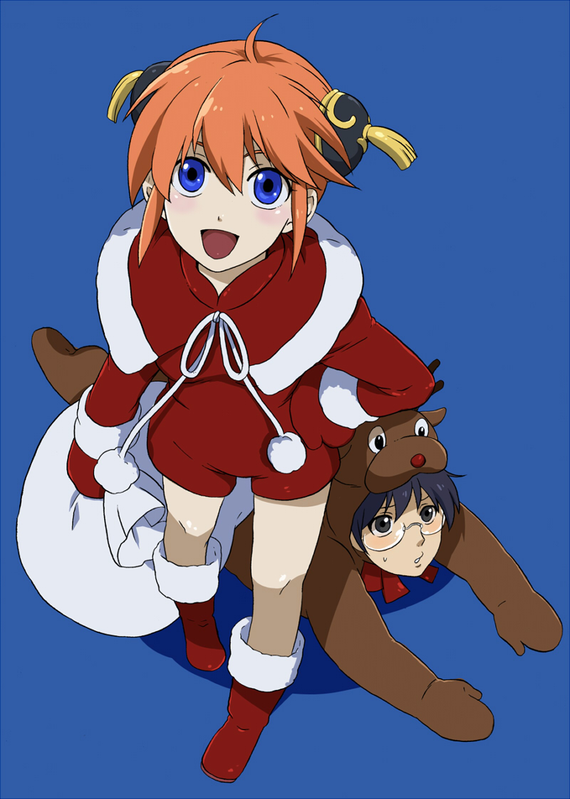bun_cover, christmas, double_bun, gintama, glasses, kagura_(gintama), orange_hair, reindeer, sack, shimura_shinpachi, short_hair, simple_background, sorami, sorami_haruhiko, white_background