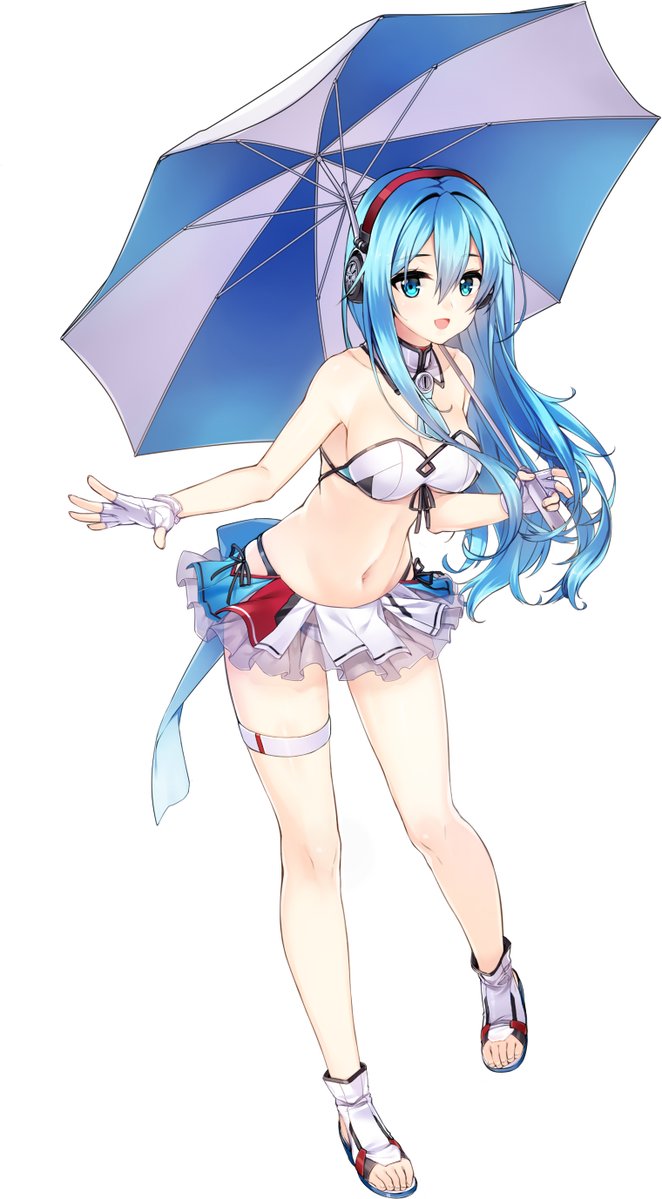 1girl, :d, ascot, bangs, bare_shoulders, bikini, bikini_skirt, blue_ascot