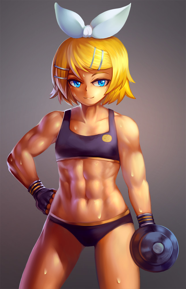 1girl, abs, bangs, blonde_hair, blue_eyes, bow, dumbbell, eyebrows, fingerless_gloves, flat_chest, gloves, grey_background, hair_bow, hair_ornament, hairclip, hand_on_hip, kagamine_rin, light_smile, midriff, muscle, muscular_female, navel, short_shorts, shorts, smile, solo, sports_bra, standing, sweat, swept_bangs, vocaloid, yilx