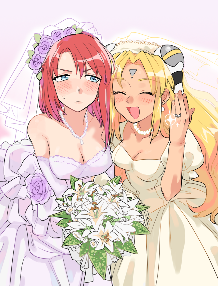 2girls, blonde_hair, blush, bouquet, breasts, bridal_veil, bride, cleavage, closed_eyes, couple, dress, earrings, elbow_gloves, flower, forte_stollen, galaxy_angel, gloves, hakinikui_kutsu_no_mise, jewelry, long_hair, multiple_girls, necklace, open_mouth, ranpha_franboise, redhead, ring, short_hair, veil, wedding_band, wedding_dress, white_gloves, wife_and_wife, yuri