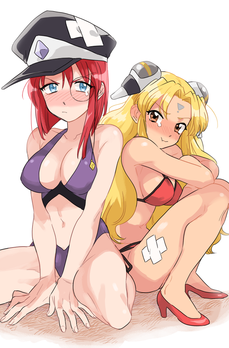 >:t, 2girls, :t, bikini, blonde_hair, blush, breasts, dress, forte_stollen, galaxy_angel, hakinikui_kutsu_no_mise, hat, high_heels, large_breasts, long_hair, looking_at_viewer, monocle, multiple_girls, pout, ranpha_franboise, redhead, short_hair, swimsuit, tears