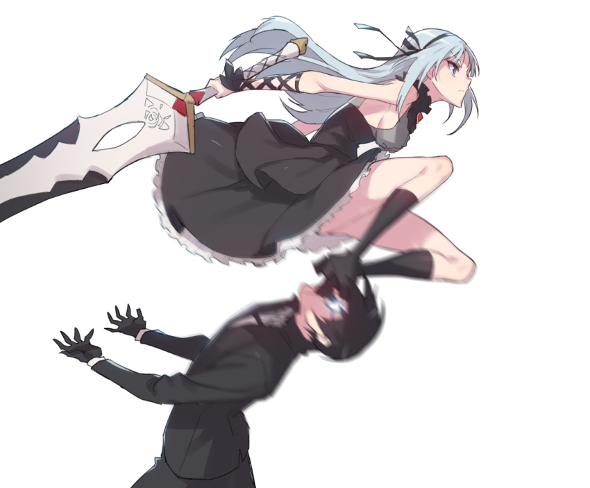 1boy, 1girl, black_dress, black_gloves, black_hair, black_legwear, black_ribbon, breasts