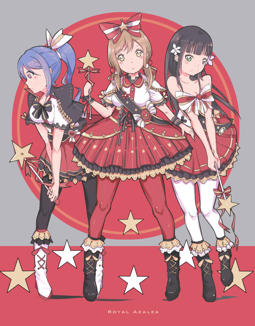 3girls, absurdres, alternate_hairstyle, azalea_(love_live!), bangs, black_boots, black_hair, black_legwear