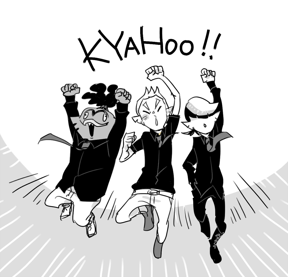 3boys, ankou_(splatoon), arm_up, arms_up, closed_eyes, denim, dress_shirt, fishman