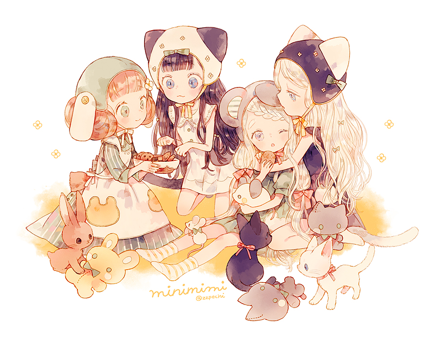 4girls, :3, ;o, animal_hat, apron, bangs, black_hair, blue_eyes, blunt_bangs, bow, bowl, braid, brown_eyes, bunny_hat, cat, cat_hat, cat_tail, chin_strap, commentary_request, cookie, double_bun, dress, flower, food, green_bow, green_eyes, hair_flower, hair_ornament, hair_ribbon, half-closed_eyes, hat, holding, holding_bowl, hug, hug_from_behind, kneeling, long_hair, mouse, mouse_hat, multiple_girls, one_eye_closed, original, paw_pose, pechika, pink_ribbon, rabbit, ribbon, short_sleeves, sitting, sleeveless, sleeveless_dress, smile, striped, striped_legwear, stuffed_animal, stuffed_bunny, stuffed_cat, stuffed_mouse, stuffed_toy, tail, thick_eyebrows, twitter_username, vertical-striped_dress, vertical_stripes, white_hair, white_ribbon, yellow_ribbon