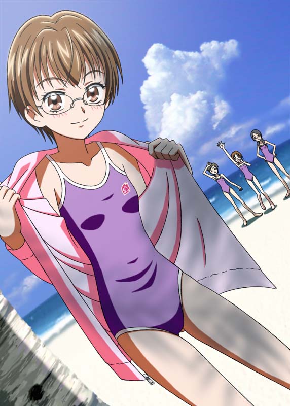 asahina_(asahinatei), brown_eyes, brown_hair, cloud, clouds, dutch_angle, glasses, masuko_mika, natsuhina, ocean, one-piece_swimsuit, open_clothes, open_jacket, open_shirt, precure, pretty_cure, sand, school_swimsuit, seaside, shirt, short_hair, sky, swimsuit, swimsuit_under_clothes, yes!_precure_5, yes!_pretty_cure_5