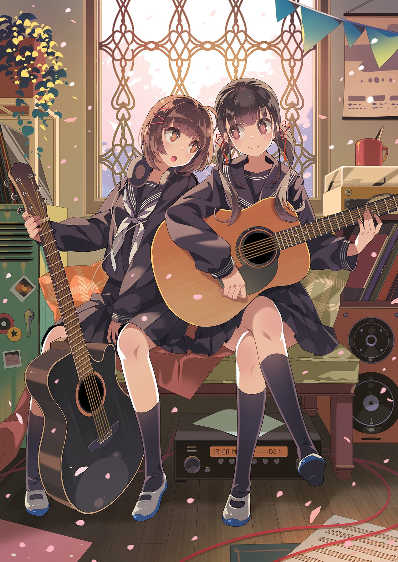 2girls, acoustic_guitar, bangs, bf._(sogogiching), black_hair, black_legwear, black_serafuku, blush