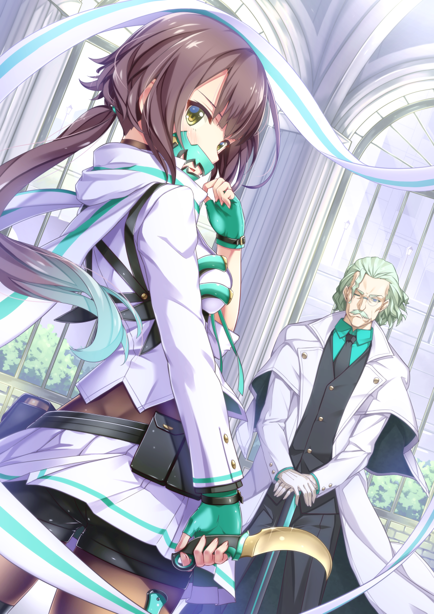 1boy, 1girl, aqua_scarf, aqua_shirt, bangs, black_legwear, black_necktie, blue_eyes