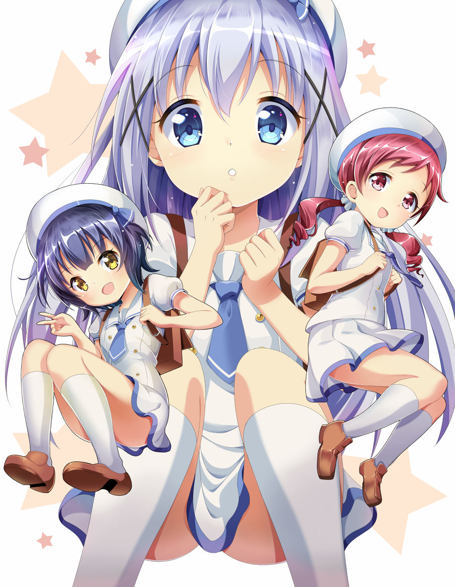 3girls, :d, bag, bangs, beret, blouse, blue_eyes, blue_hair