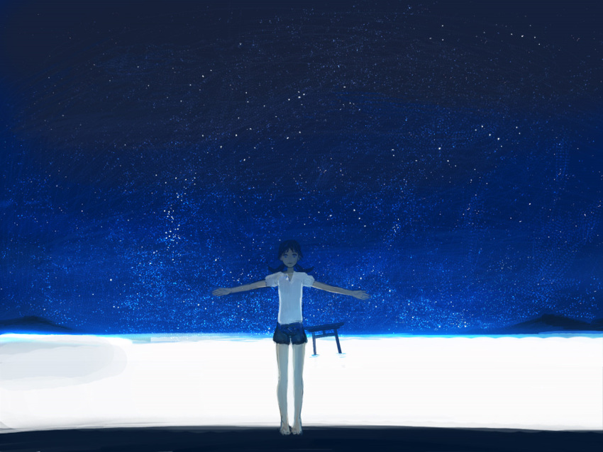 1girl, barefoot, blue_eyes, narutaru, night, night_sky, ocean, outstretched_arms