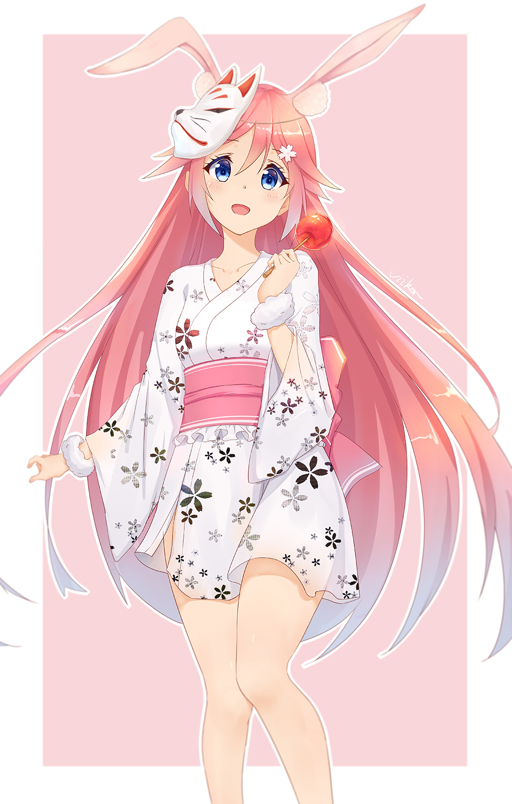 1girl, animal_ears, benghuai_xueyuan, blue_eyes, candy_apple, flower, food, fox_mask