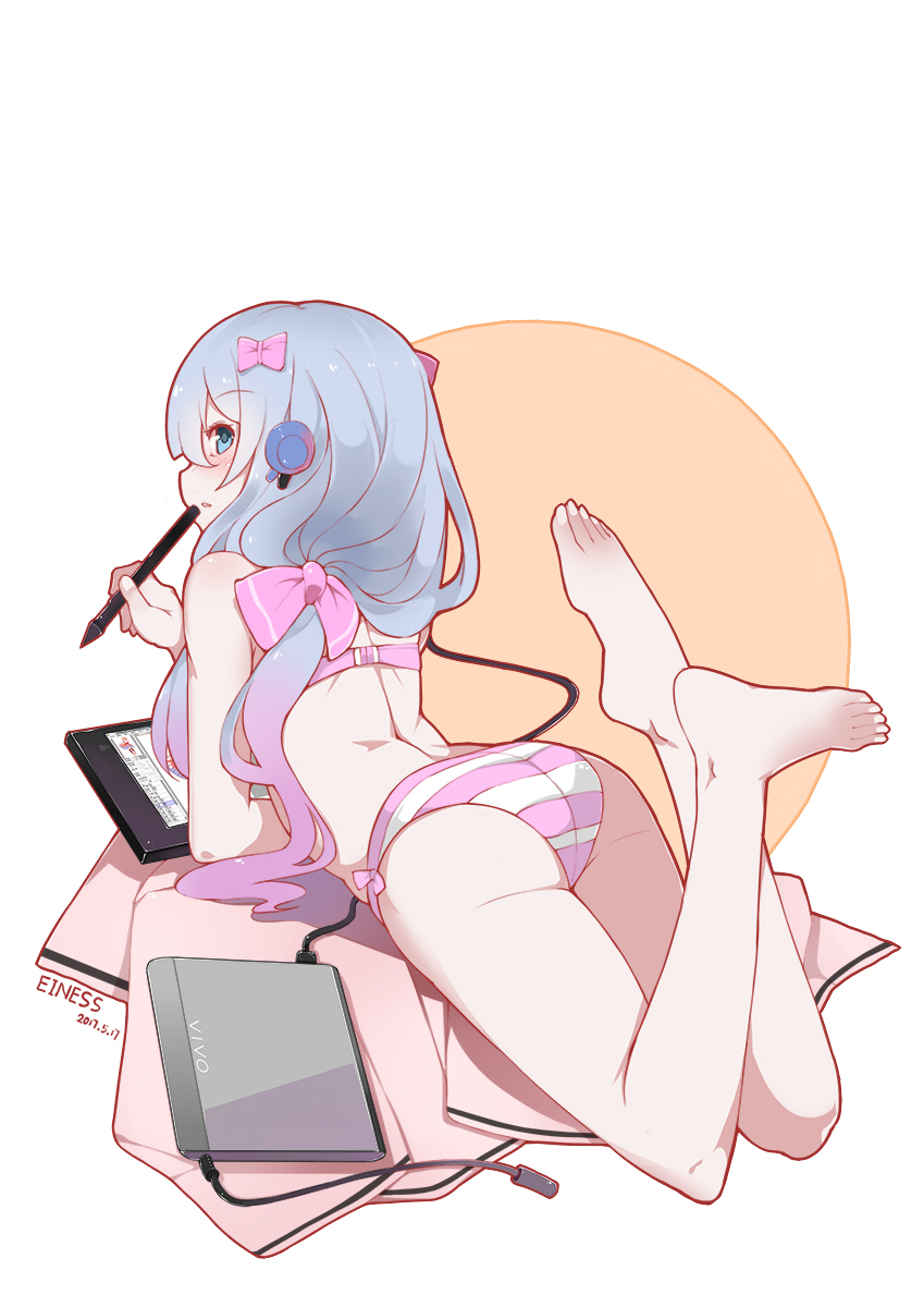 1girl, artist_name, ass, bangs, bare_legs, barefoot, blue_eyes, blue_hair
