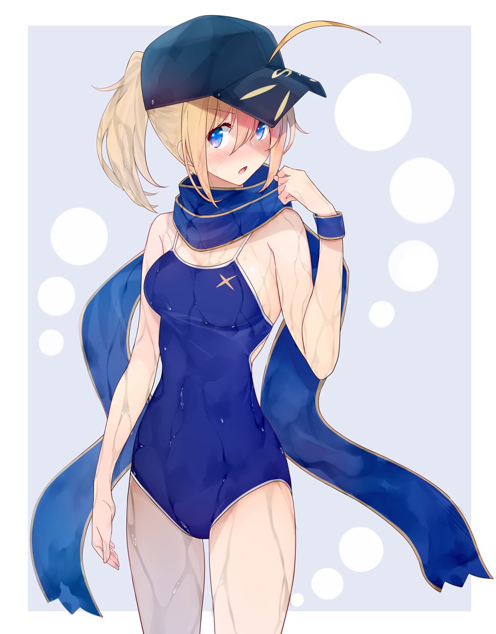1girl, ahoge, alternate_costume, amayu, bare_arms, bare_shoulders, baseball_cap, blonde_hair
