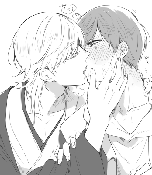 2boys, blush, closed_eyes, french_kiss, hand_on_another's_face, heavy_breathing, ichigo_hitofuri, japanese_clothes, kiss, male_focus, monochrome, multiple_boys, sweat, tayashigu_(suisyounohosizora), tongue, touken_ranbu, tsurumaru_kuninaga, yaoi