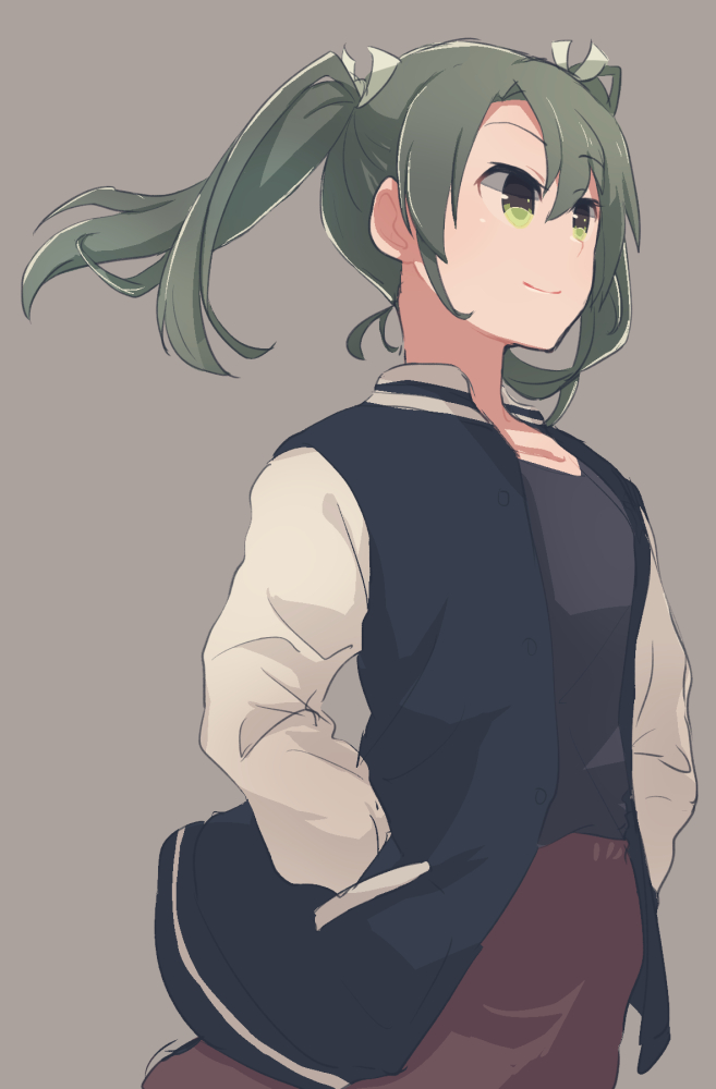 1girl, green_eyes, green_hair, hands_in_pockets, harunagi, jacket, jersey, kantai_collection