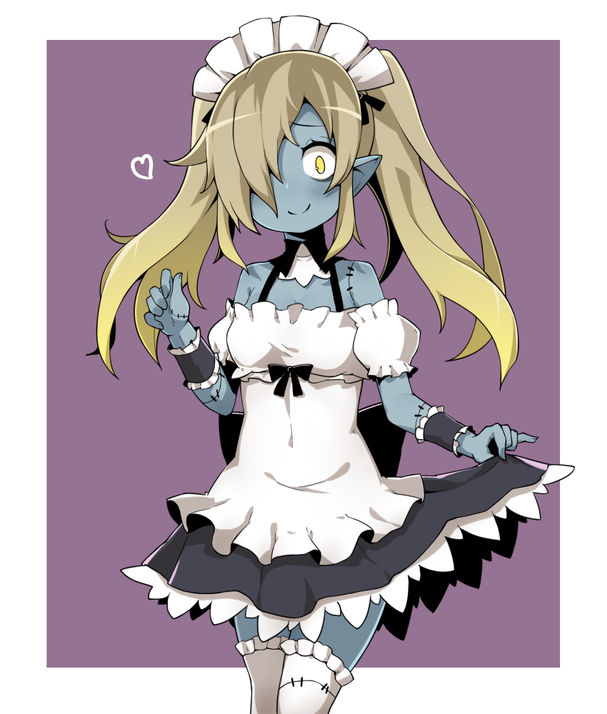 1girl, black_bow, black_skirt, blue_skin, bow, brown_hair, cowboy_shot, detached_collar, disgaea, hair_over_one_eye, long_hair, looking_at_viewer, maid, maid_(disgaea), maid_headdress, makai_senki_disgaea_5, mei_mu, pointy_ears, purple_background, skirt, skirt_hold, smile, solo, thigh-highs, twintails, white_legwear, wide-eyed, wrist_cuffs, yellow_eyes