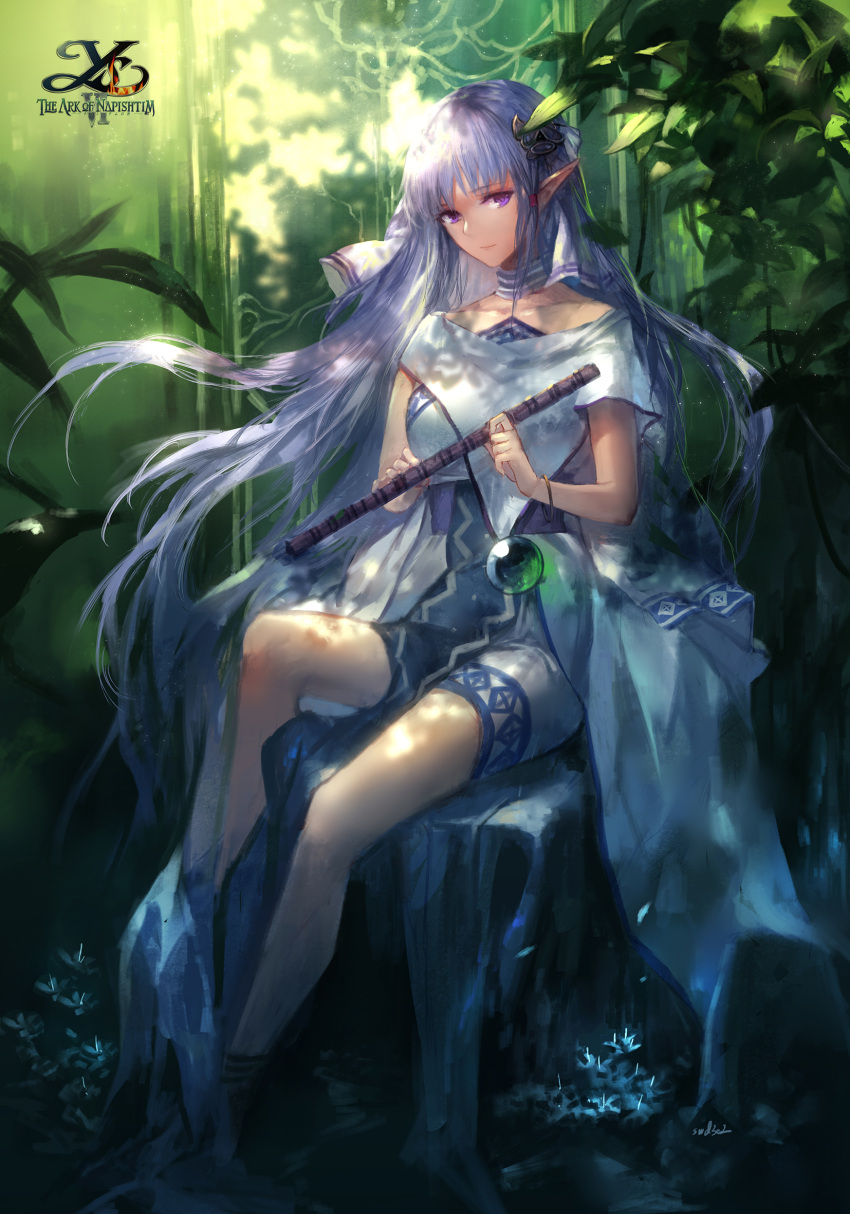 1girl, bangs, bracelet, breasts, choker, closed_mouth, copyright_name, dappled_sunlight, dress, elf, flute, forest, full_body, hair_ornament, hair_ribbon, highres, instrument, jewelry, light_smile, long_hair, medium_breasts, nature, olha_(ys), pointy_ears, ribbon, sidelocks, silver_hair, sitting, solo, sunlight, swd3e2, very_long_hair, violet_eyes, ys, ys_vi_ark_of_napishtim