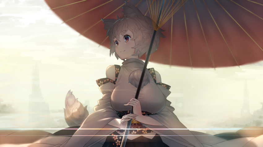 1girl, adukikumanoi, animal_ears, breasts, detached_sleeves, highres, inubashiri_momiji, large_breasts