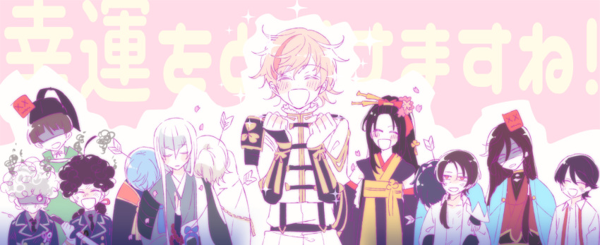6+boys, ^_^, ahoge, arrow, arrow_in_head, black_hair, blonde_hair, blue_hair