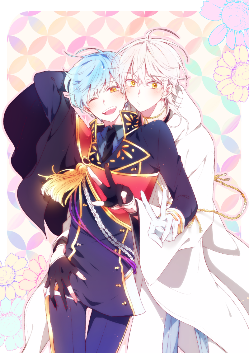 2boys, ;d, black_gloves, blue_hair, cape, flower, gloves, hand_on_another's_hip
