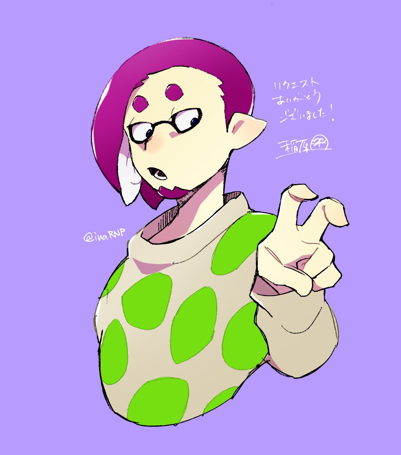 1boy, beard, cropped_torso, domino_mask, facial_hair, highres, ikkan_(splatoon), inahara, looking_at_viewer, male_focus, mask, open_mouth, pointy_ears, polka_dot, polka_dot_shirt, purple_background, purple_hair, shirt, short_hair, signature, simple_background, solo, splatoon, sweatshirt, tentacle_hair, twitter_username, upper_body, v