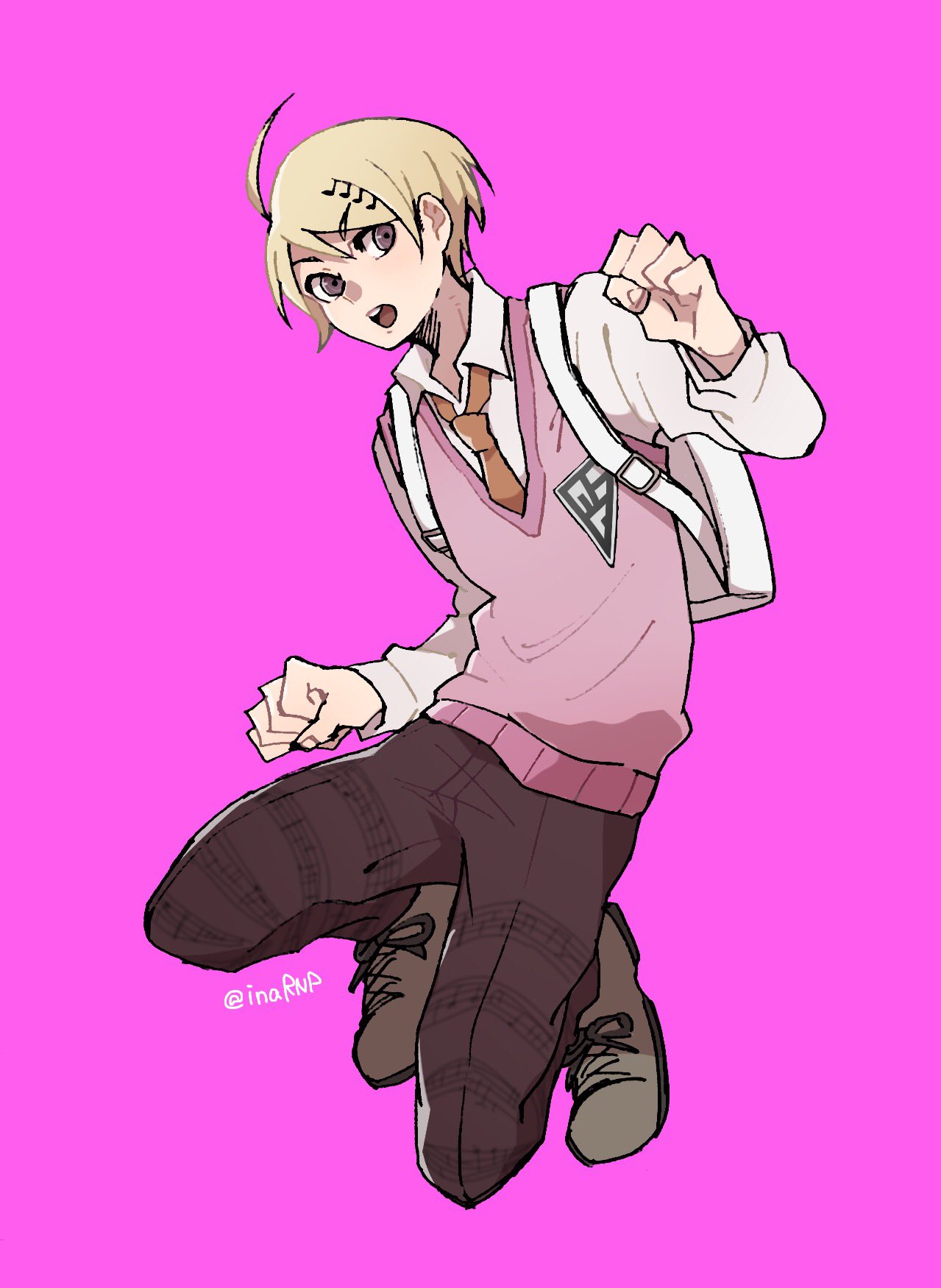 10s, 1boy, ahoge, akamatsu_kaede, backpack, bag, blonde_hair, clenched_hand, dangan_ronpa, full_body, genderswap, genderswap_(ftm), highres, inahara, jumping, looking_at_viewer, male_focus, musical_note, musical_note_hair_ornament, musical_note_print, necktie, new_dangan_ronpa_v3, open_mouth, orange_necktie, pants, purple_background, purple_sweater, quaver, randoseru, school_uniform, short_hair, simple_background, solo, sweater_vest, twitter_username, violet_eyes