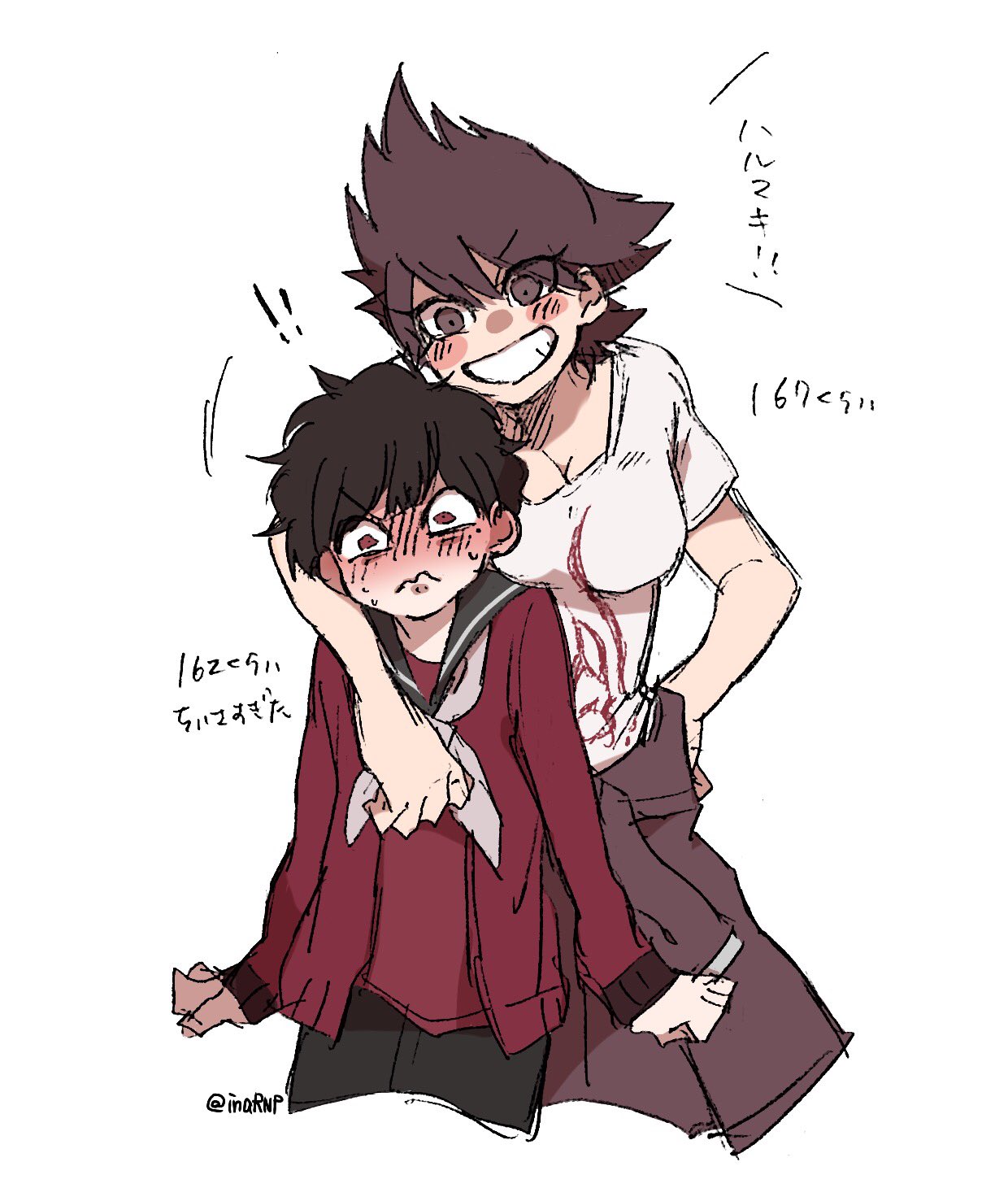 10s, 1boy, 1girl, angry, arm_around_shoulder, black_hair, blush, breast_press