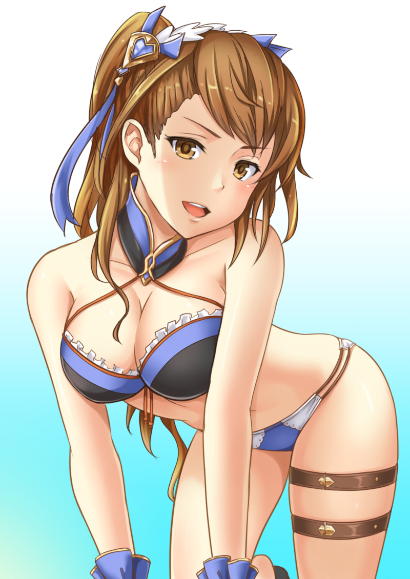1girl, beatrix_(granblue_fantasy), bent_over, bikini, blue_bikini, breasts, brown_eyes, brown_hair
