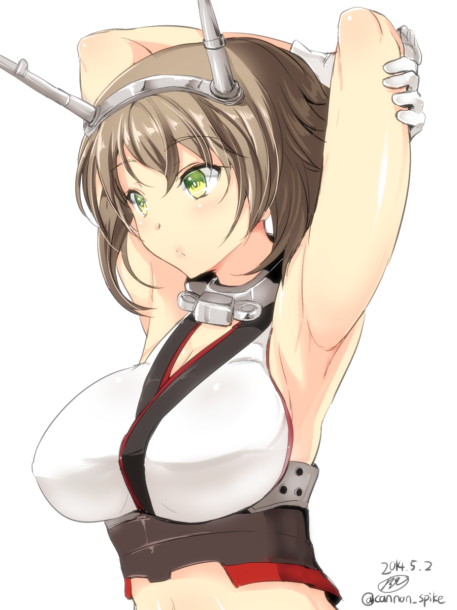 1girl, armpits, breasts, brown_hair, cleavage, collar, dated, gin'ichi_(akacia)