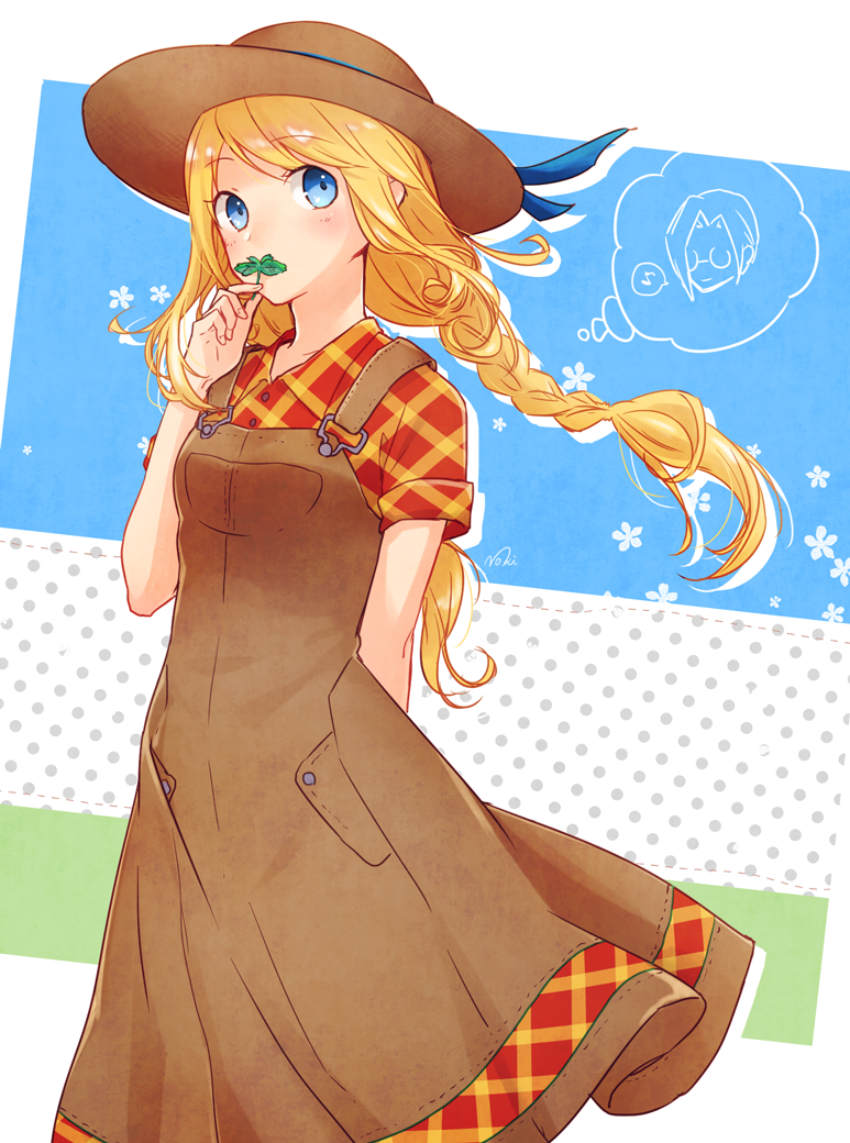 1boy, 1girl, arm_behind_back, blonde_hair, blue_eyes, braid, brown_dress, collared_shirt