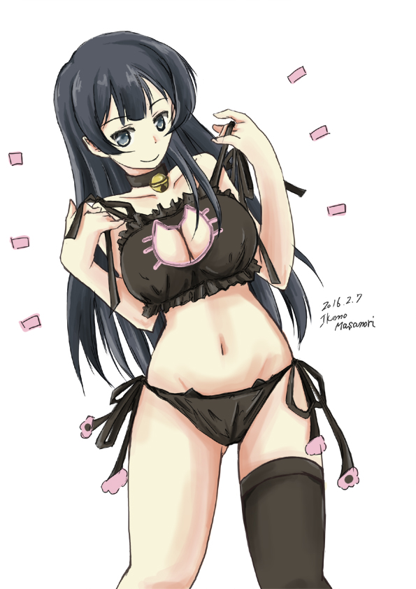 1girl, agano_(kantai_collection), artist_name, asymmetrical_legwear, bangs, bell, black_bra, black_choker