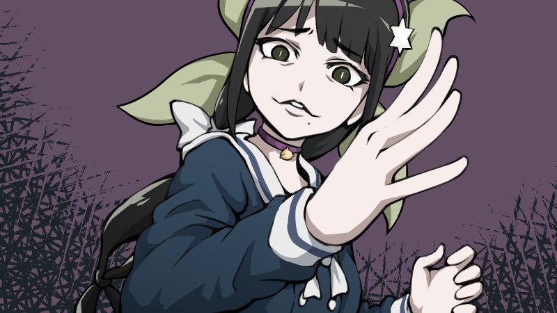 10s, 1girl, black_hair, bright_pupils, chabashira_tenko, choker, dangan_ronpa, disgust