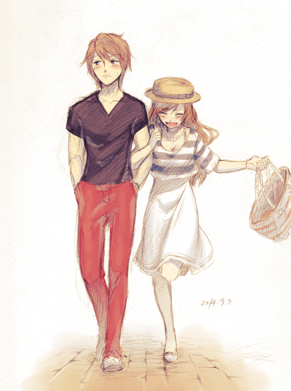 1boy, 1girl, 2014, :d, ^_^, bangs, black_shirt, blush