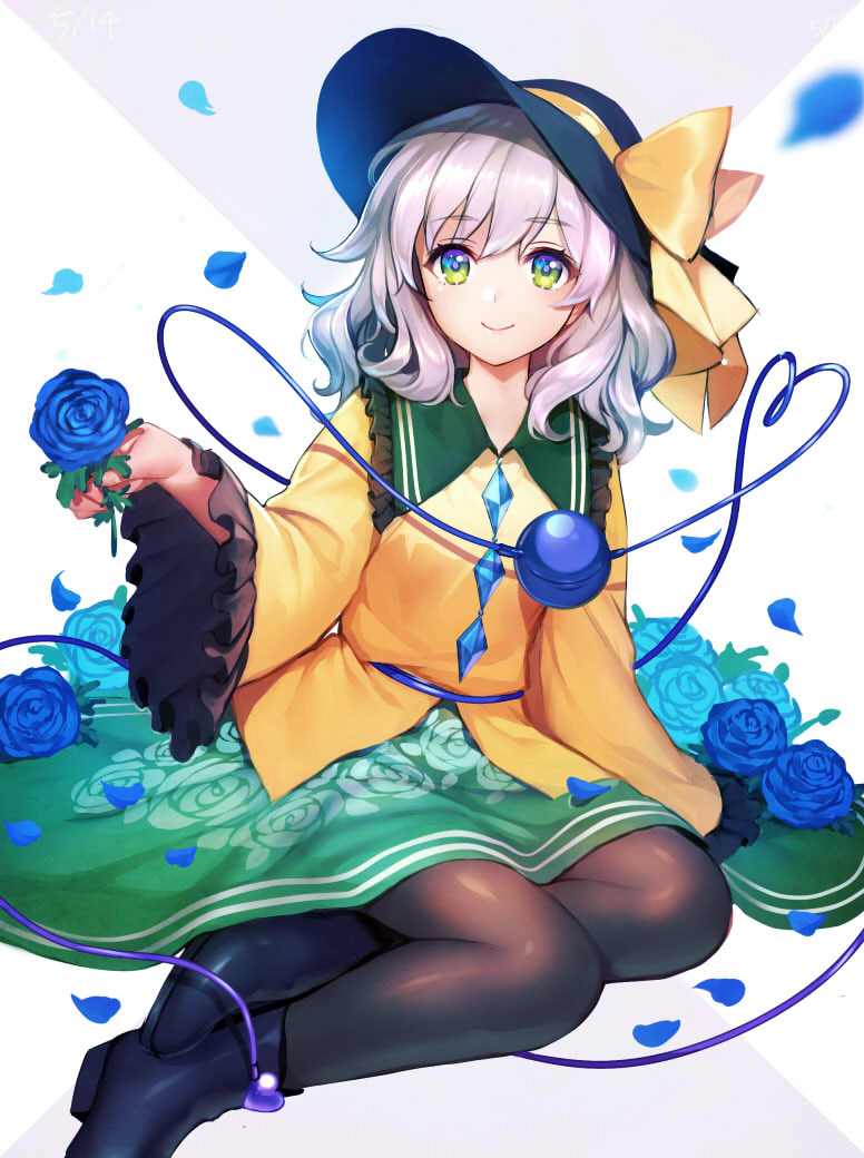 1girl, black_hat, black_legwear, black_shoes, blue_rose, bow, floral_print, flower