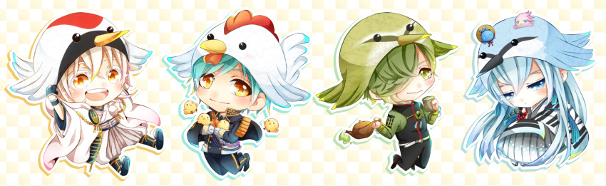 4boys, :d, animal_hat, animalization, aqua_hair, armor, beads, bird