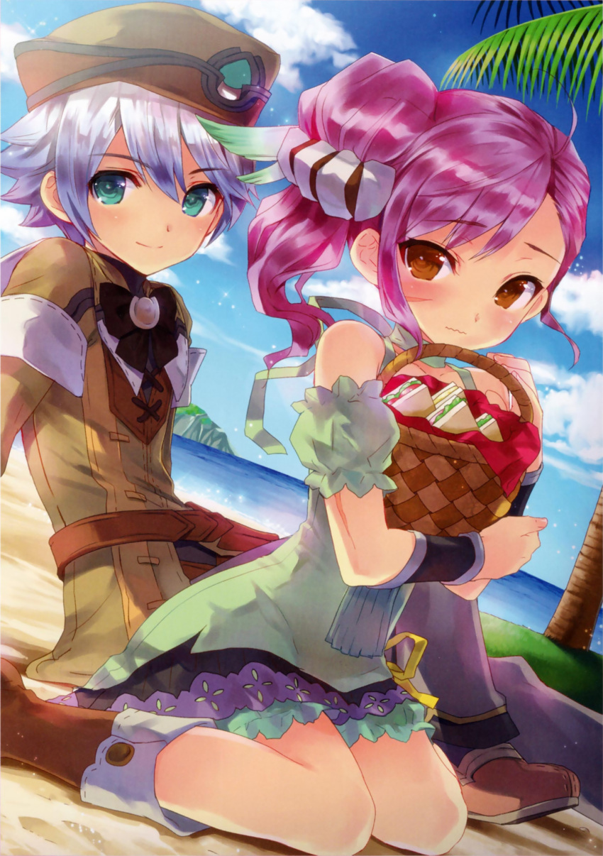 >:), 1boy, 1girl, ahoge, arm_support, asymmetrical_bangs, azel_(rune_factory), bangs