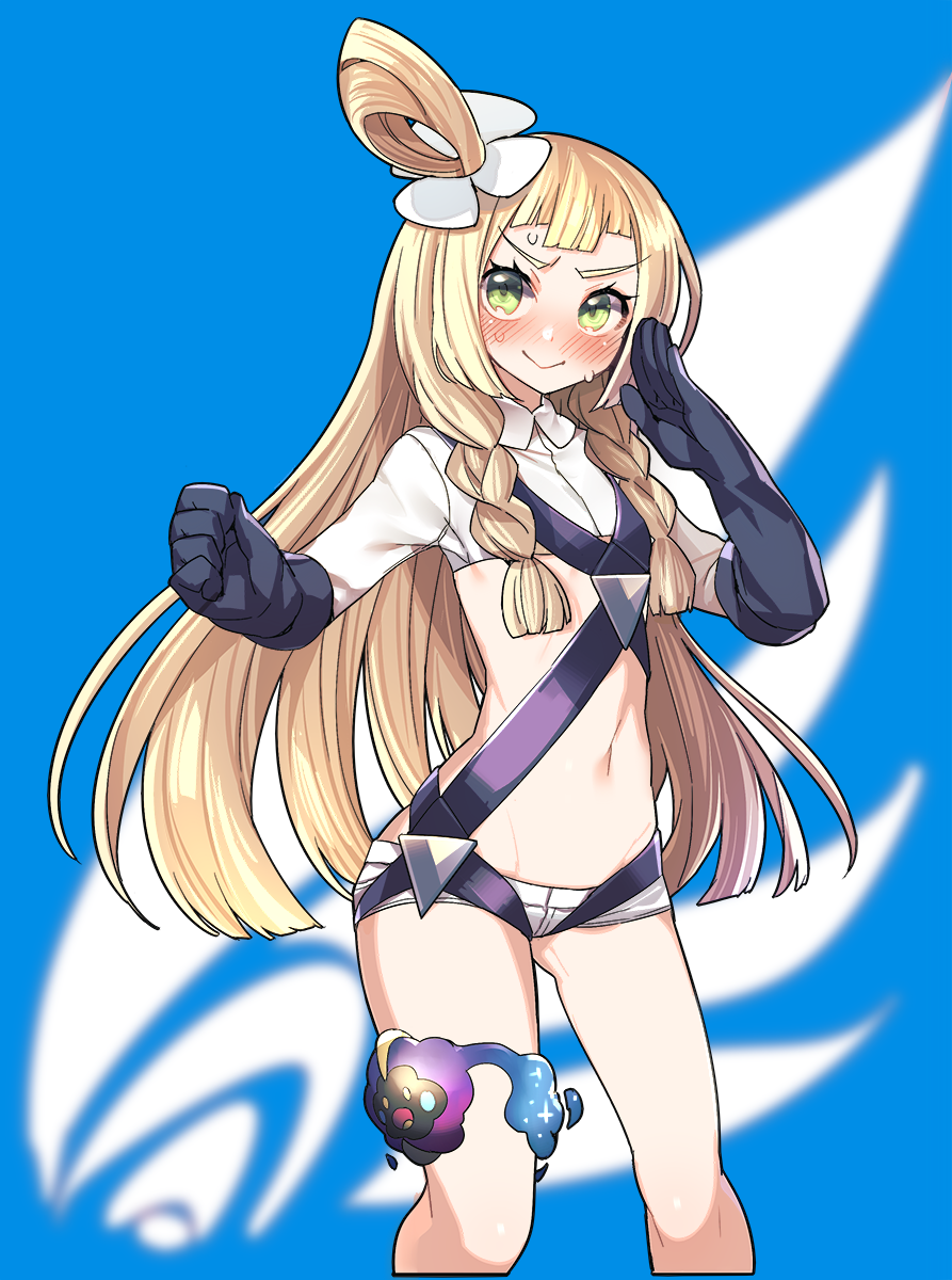 1girl, :>, alternate_costume, bangs, bare_legs, blue_background, blunt_bangs, blush