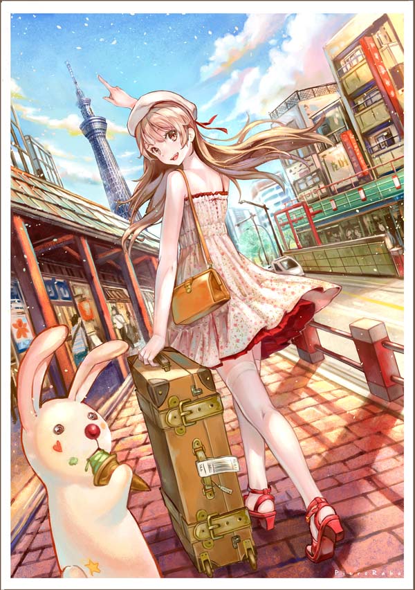 1girl, bag, beret, brown_eyes, brown_hair, day, dress, dutch_angle, eating, food, food_on_face, gloves, green_ice_cream, hat, heart, high_heels, holding, ice_cream, ice_cream_cone, kooribata, long_hair, looking_at_viewer, looking_back, open_mouth, original, outdoors, pavement, pierorabu, pointing, rabbit, sky, solo, star, suitcase, thigh-highs, walking, white_legwear