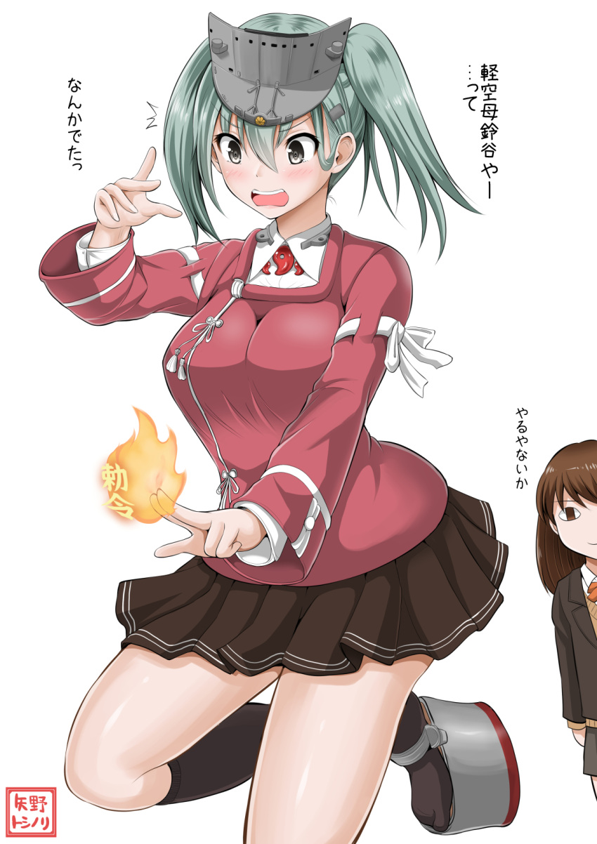 <o>_<o>, 2girls, alternate_hairstyle, artist_name, artist_signature, ascot, black_legwear, blouse