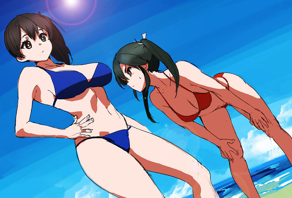 2girls, arm, arm_at_side, armpits, bare_arms, bare_legs, bare_shoulders, beach, bent_over, bikini, black_hair, blue_bikini, blue_swimsuit, breast_envy, breasts, brown_eyes, brown_hair, cleavage, closed_mouth, collarbone, dutch_angle, female, from_below, hair_between_eyes, hand_on_hip, hands_on_own_knees, kaga_(kantai_collection), kantai_collection, large_breasts, leaning, leaning_forward, legs, lens_flare, long_hair, looking_at_another, looking_at_breasts, looking_at_viewer, medium_breasts, midriff, multiple_girls, navel, neck, outdoors, red_bikini, red_swimsuit, ruuto_(sorufu), side_ponytail, sketch, standing, sun, sweatdrop, swimsuit, twintails, yellow_eyes, zuikaku_(kantai_collection)