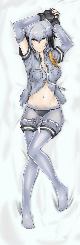 1girl, arms_up, belt, black_gloves, black_hair, blush, breast_pocket, breasts