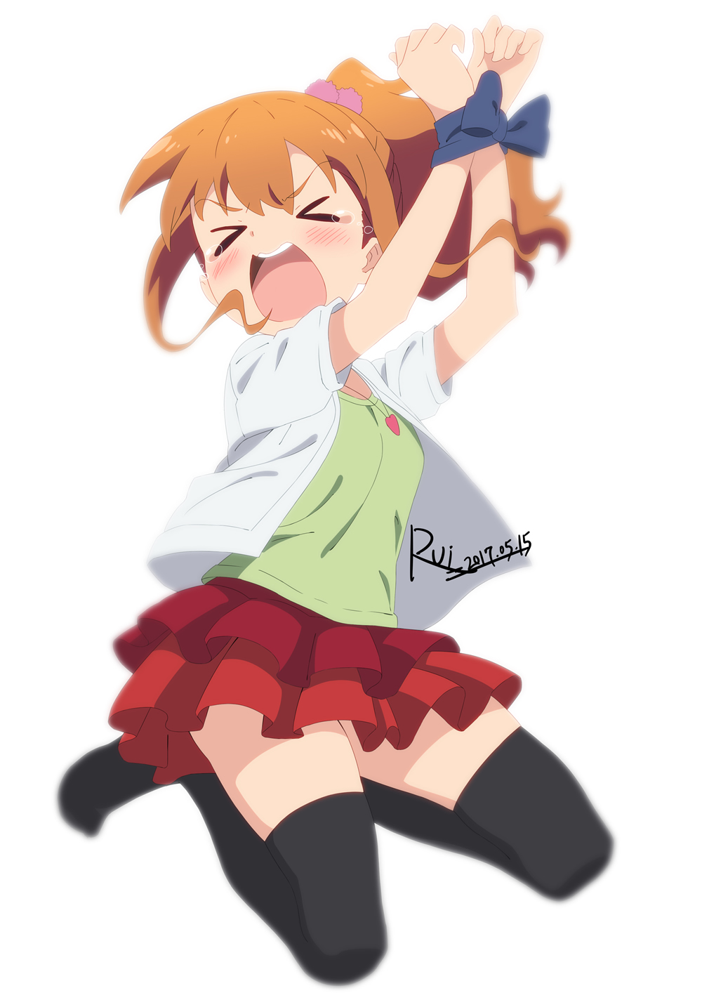 >_<, arms_up, blush, bound, bow, bowtie, breasts, closed_eyes