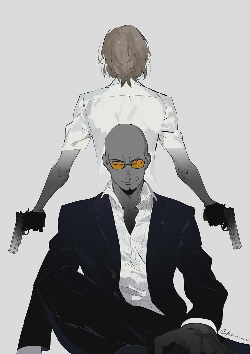 >:), 2boys, akechi_gorou, artist_name, back, bald, dual_wielding, evil_eyes, facial_hair, father_and_son, from_behind, glasses, gloves, goatee, grey_background, greyscale, gun, handgun, highres, holding, holding_gun, holding_weapon, jacket, kaninn, legs_crossed, looking_at_viewer, male_focus, monochrome, multiple_boys, open_clothes, open_jacket, orange_eyes, pants, persona, persona_5, semi-rimless_glasses, shidou_masayoshi, shirt, short_sleeves, simple_background, sitting, smile, spoilers, spot_color, standing, suit_jacket, weapon, wing_collar