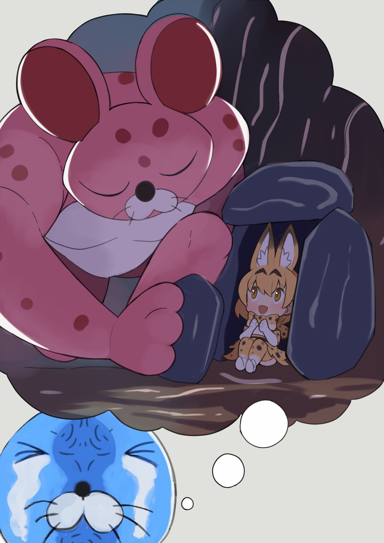 1girl, 2boys, animal_ears, bonobono, bonobono_(character), bow, bowtie, closed_eyes