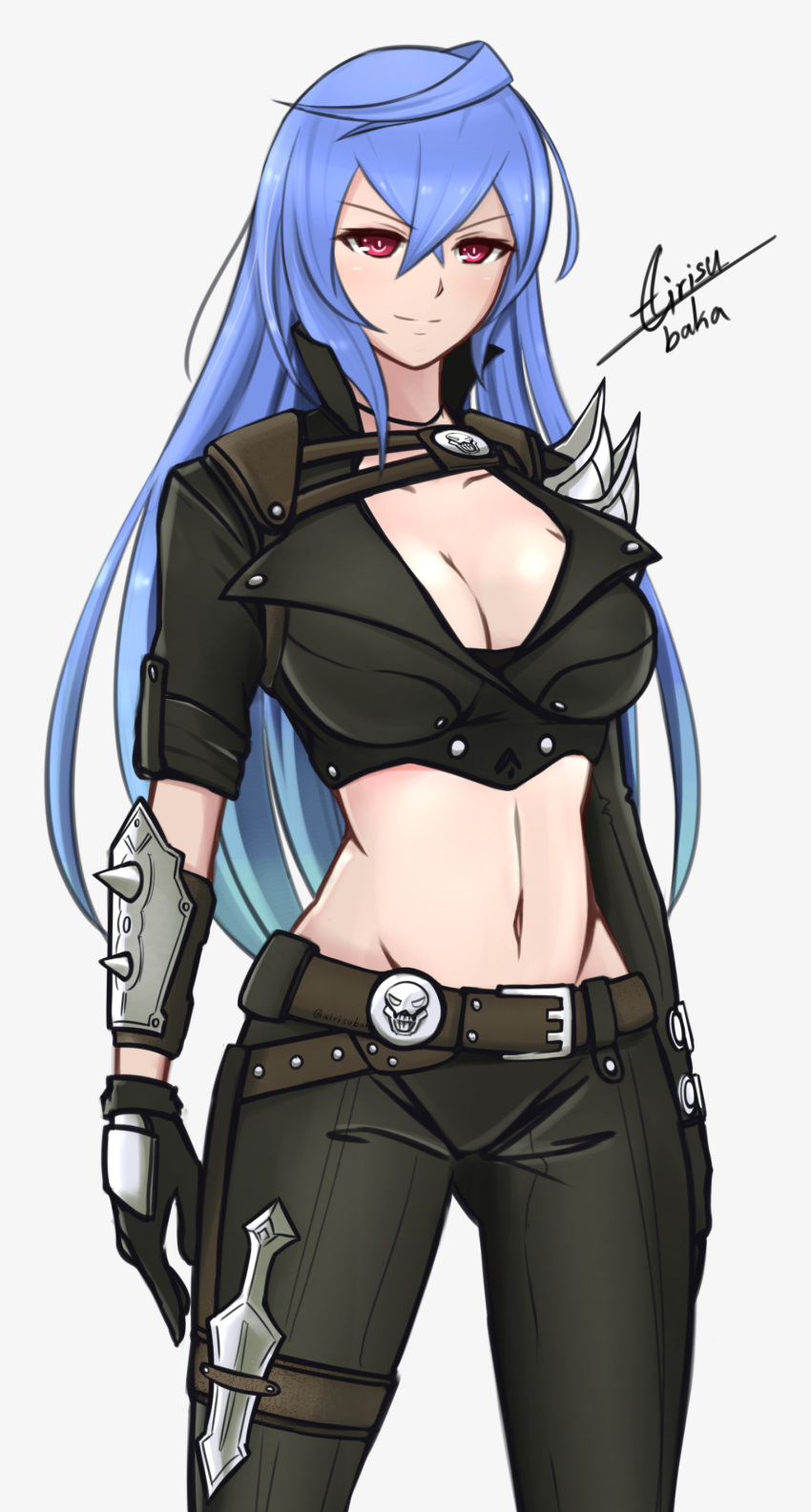1girl, absurdres, airisubaka, alternate_costume, blue_hair, blush, breasts, cleavage, cosplay, dagger, gloves, highres, iris_heart, jacket, kami_jigen_game_neptune_v, katarina_du_couteau, katarina_du_couteau_(cosplay), large_breasts, league_of_legends, leather, leather_gloves, leather_jacket, leather_pants, long_hair, looking_at_viewer, navel, neptune_(series), pants, polearm, power_symbol, pururut, red_eyes, smile, solo, stomach, symbol-shaped_pupils, very_long_hair, weapon
