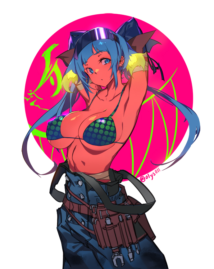 1girl, arm_behind_back, armpits, bandage, bandaged_arms, bangs, bare_shoulders, belt, bikini, blue_eyes, blue_gloves, blue_hair, blunt_bangs, bow, breasts, brown_bow, cleavage, collarbone, cowboy_shot, ear_piercing, earrings, elbow_gloves, glasses, glasses_on_head, gloves, green_bikini, hair_bow, jewelry, large_breasts, long_hair, olys, original, overalls, piercing, red_skin, screwdriver, sidelocks, simple_background, solo, strap_gap, stud_earrings, suspenders, swimsuit, twintails, twitter_username, utility_belt, white_background, wrench
