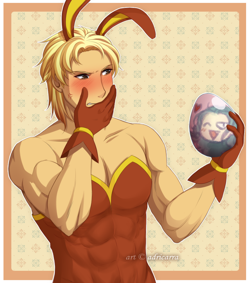 2boys, abs, adricarra, anger_vein, animal_ears, artist_name, bare_shoulders, blonde_hair