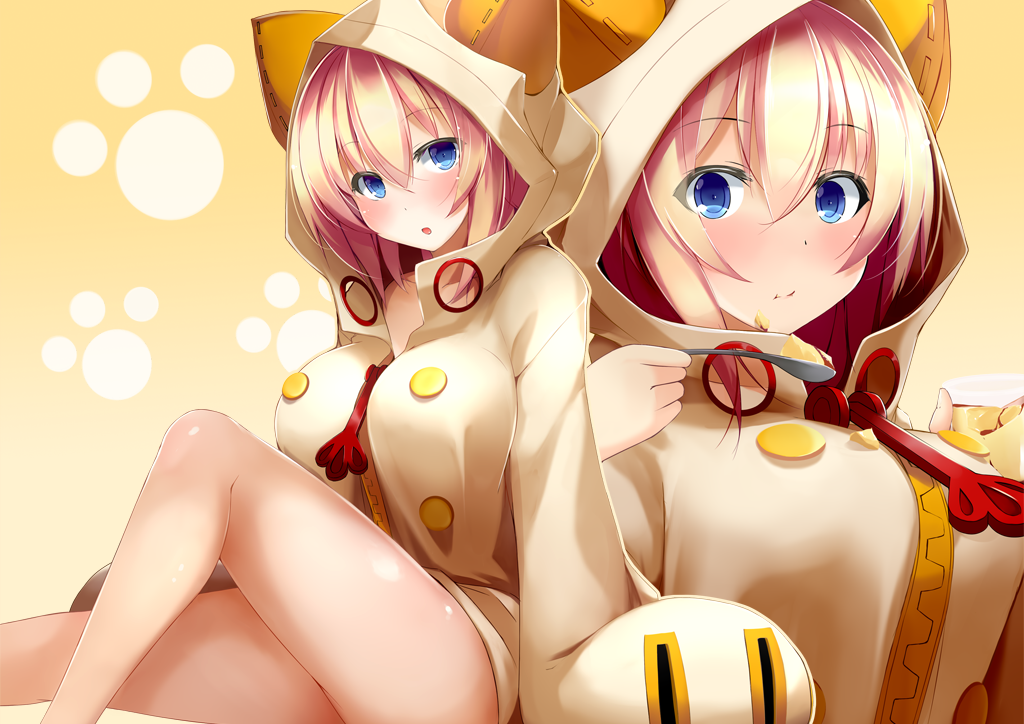 1girl, :o, animal_hood, bangs, blazblue, blonde_hair, blue_eyes, blush, breasts, buttons, cake, cat_hood, cosplay, dd_mayohara, eating, es_(xblaze), food, hood, hoodie, large_breasts, long_sleeves, looking_at_viewer, multiple_views, sitting, taokaka, taokaka_(cosplay), thighs, xblaze, xblaze_code:_embryo, zipper