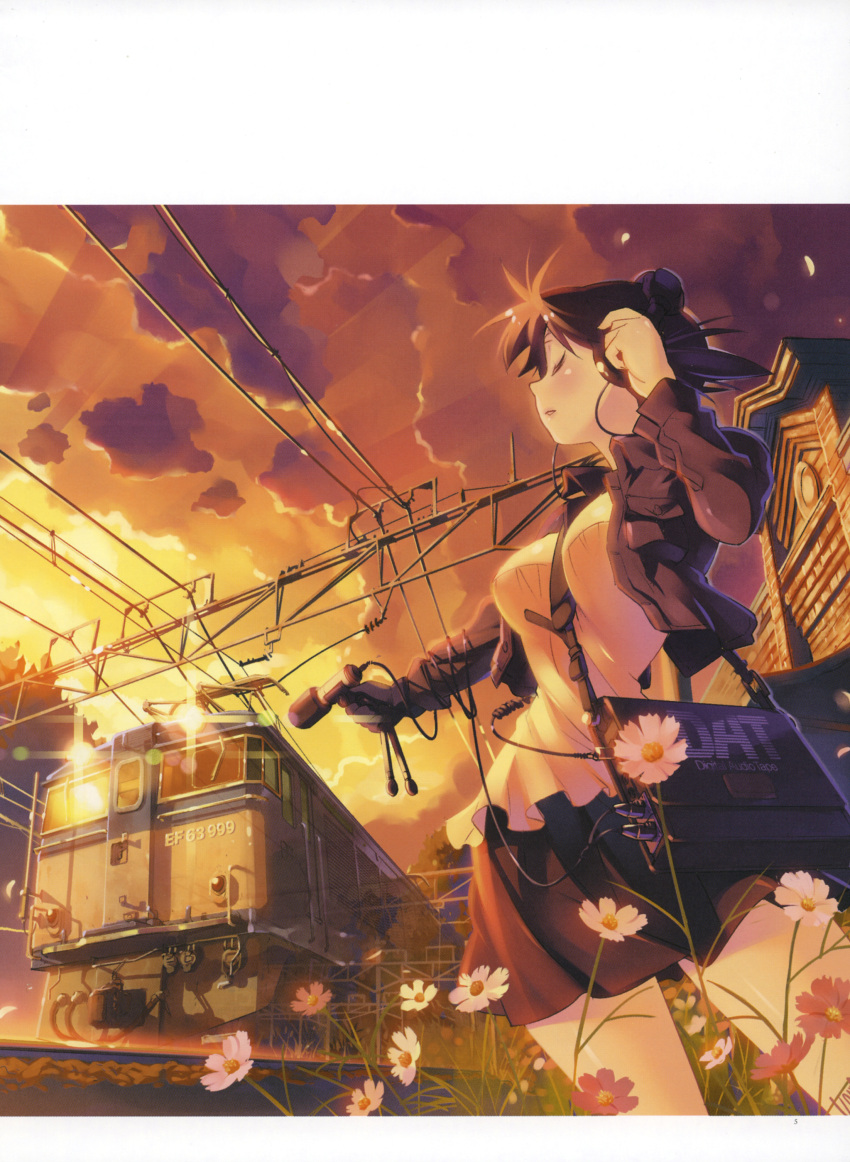 1girl, 2008, absurdres, bad_anatomy, closed_eyes, clouds, copyright_request, cosmos_(flower)
